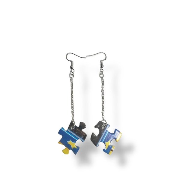 Handmade Puzzle Piece Earrings Blue and Yellow NEW - Picture 1 of 4